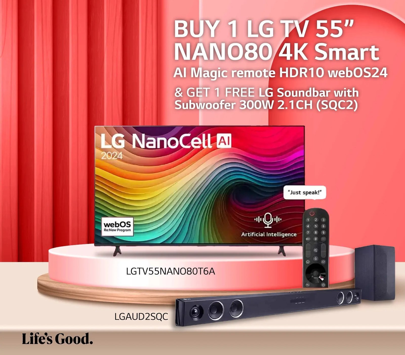 LG TV NanoCell 55 Inch NANO80 4K Smart TV AI Magic remote HDR10 webOS24